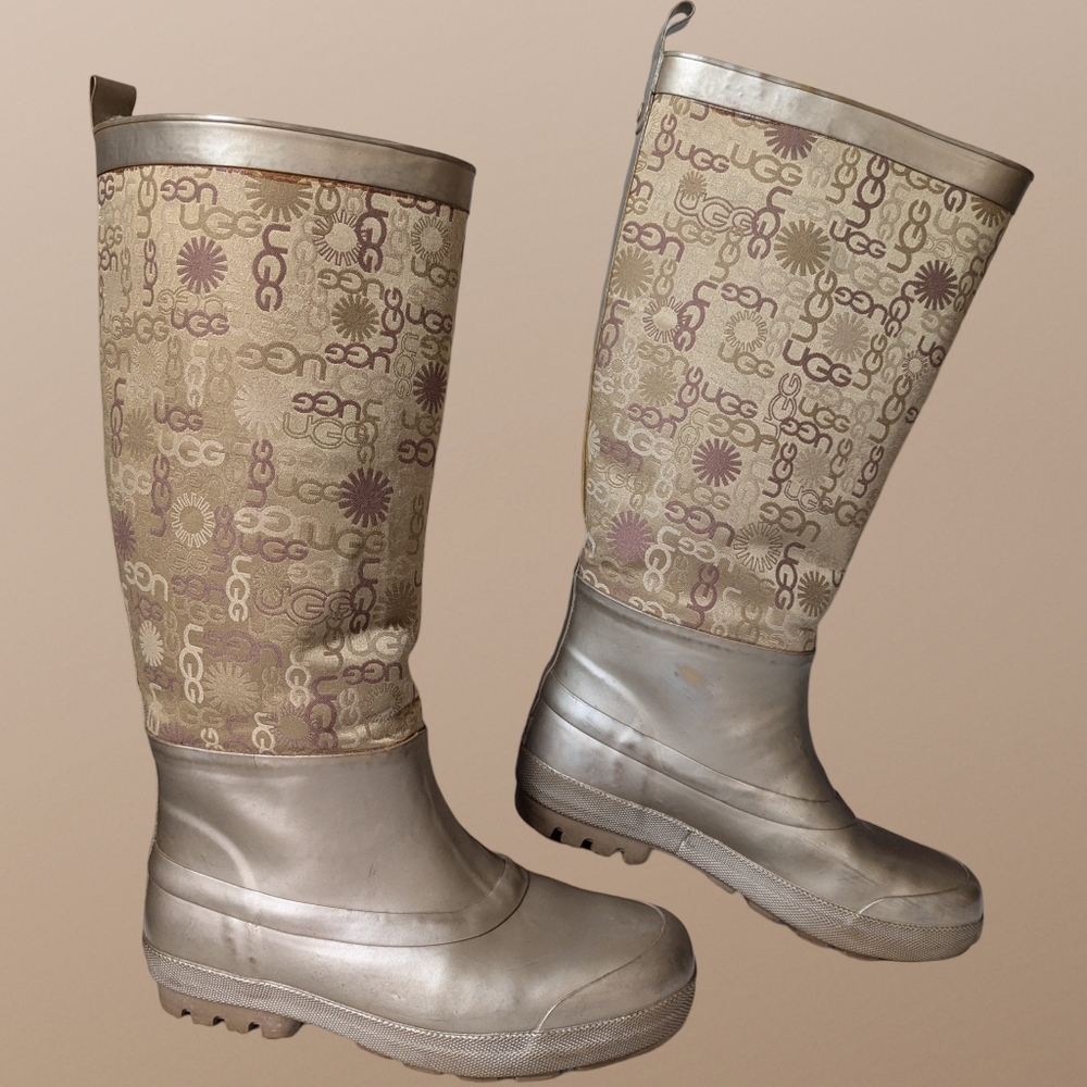VTG Y2K UGG Wallingford Wellies Gold Sheepskin Logo Print Rain Boots Women's 7 - Picture 2 of 14